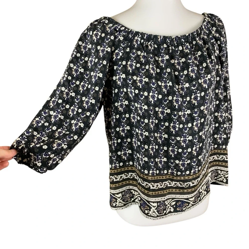 Madewell 100% Silk‎ Boho Peasant Blouse Black Floral Print Long Sleeve Top Small